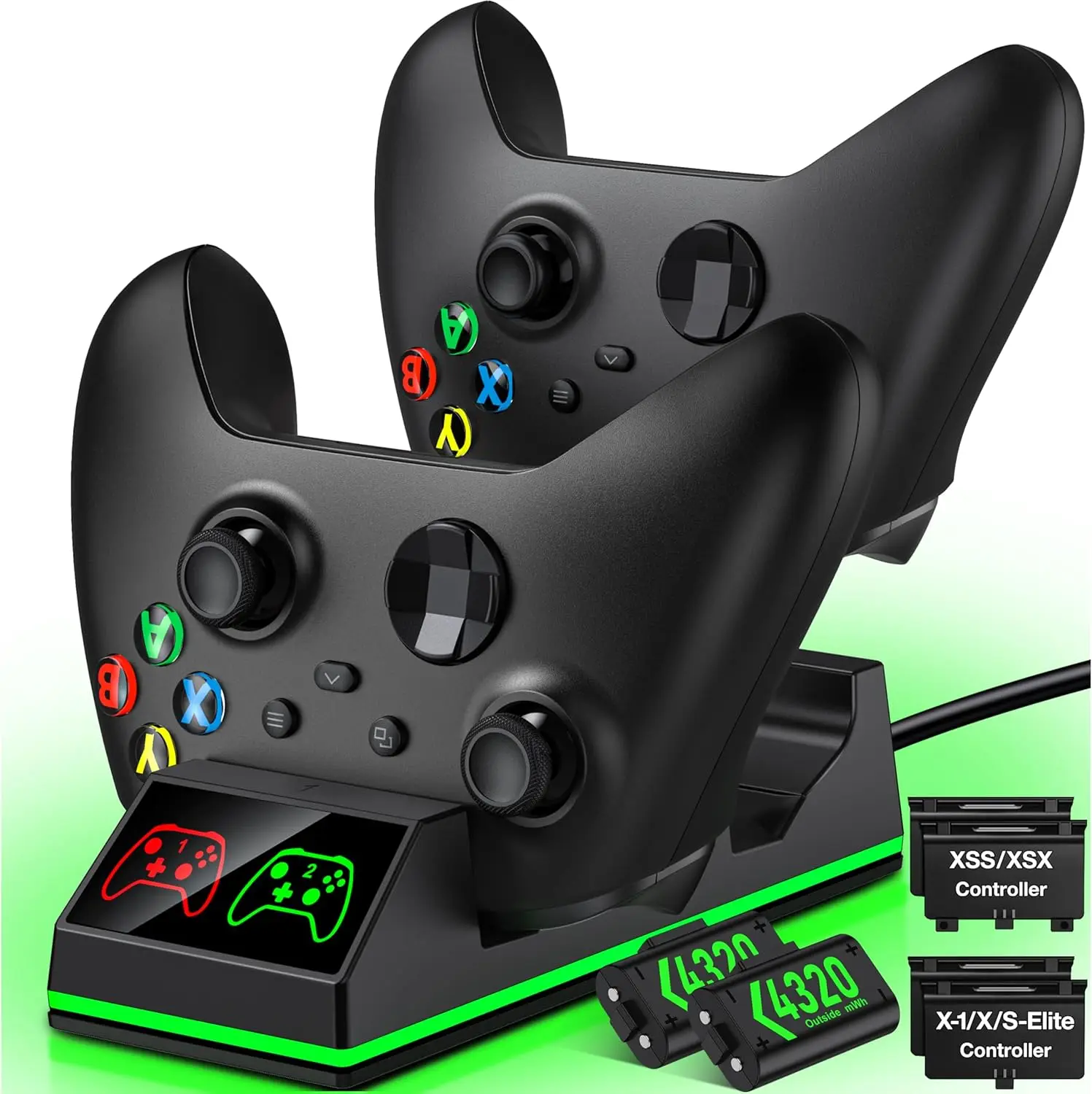 DinoFire S06 Xbox Controller Battery Pack - 2x 1200mAh Rechargeable, High Speed Charging Station, Black