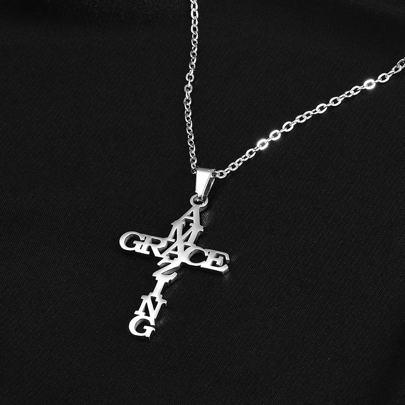 Dropshipping Stainless Steel Amazing Grace Cross Necklace Religion Jesus Fashion Pendants For Women Men Best Friend Gift Jewelry 3