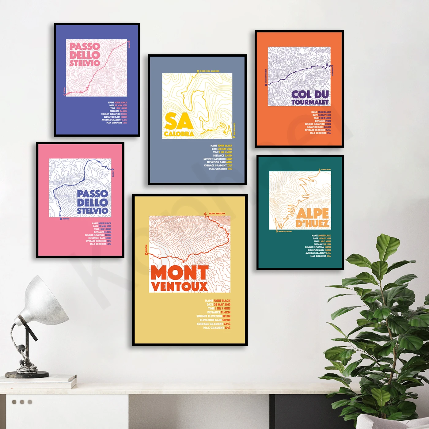 Monte Ventoux. Sacalobra. Monte Tourmale. Monte Stelvio. Alpe D'Eire. Poster Della Mappa Delle Piste Di Bicicletta