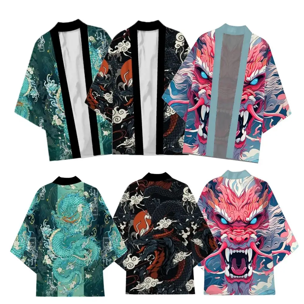 Samurai Kimono Cardigan Shirt 3/4 Sleeve Men Women Anime Dragon Printed Harajuku Haori Coaplay