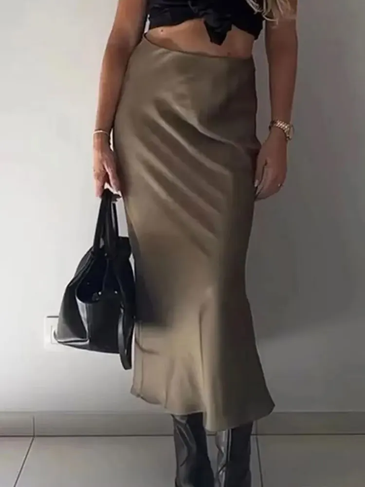 HH 2024 Y2K Casual Women Long Skirt Spring Elastic High Waisted A-Line Casual Female Satin Skirts High Street Lady Skirts