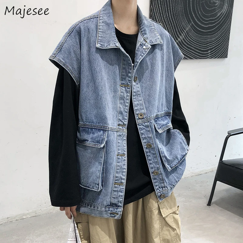 

Men Vests Ins Handsome Big Pockets Personality All-match Fashion Streetwear Japanese Cool Stylish Denim Cargo Male Clothing
