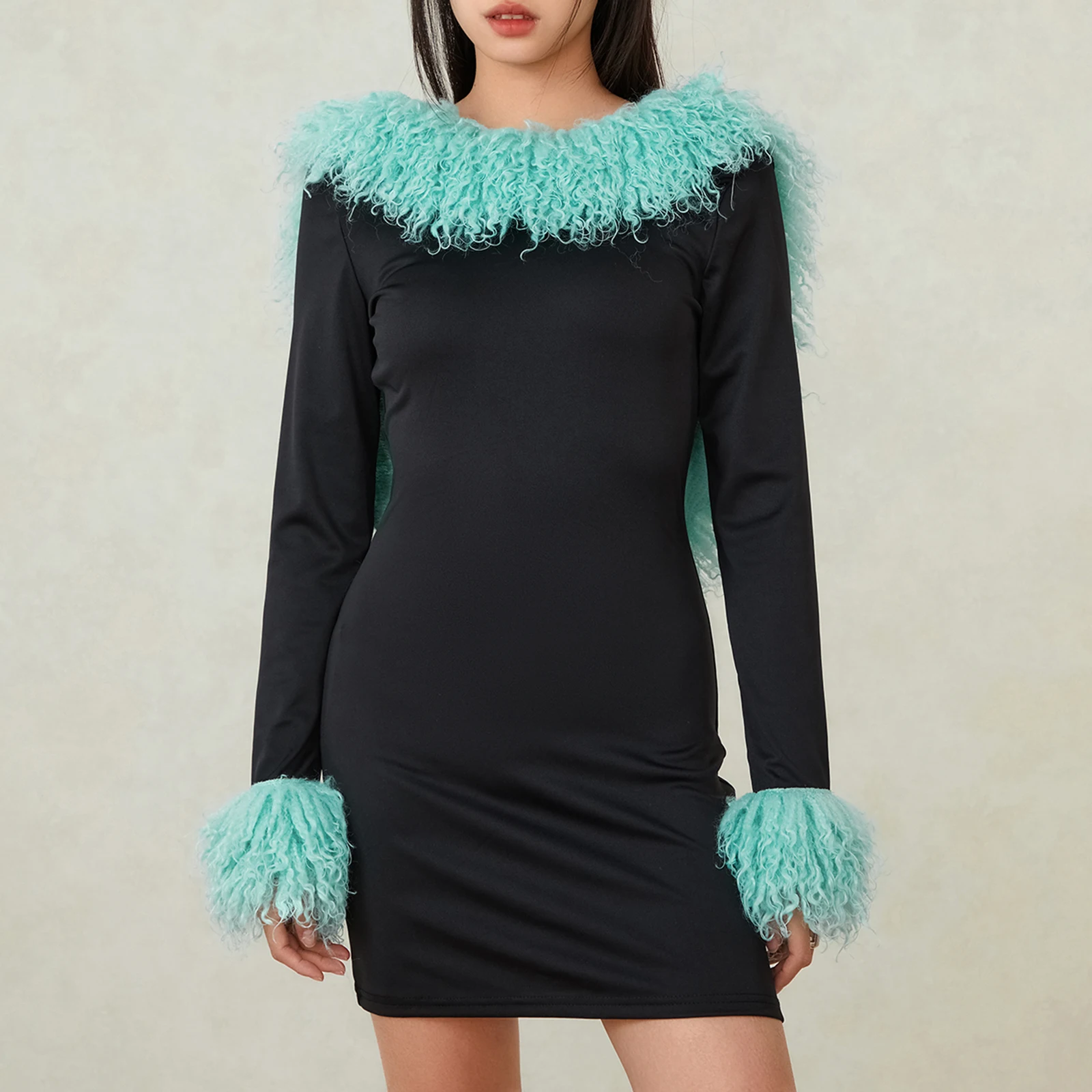 

Backless Fur Collar Short Dress Women's Autumn Winter Party Dresses Long Sleeve Open Back Plush Collar Fitted Dresses