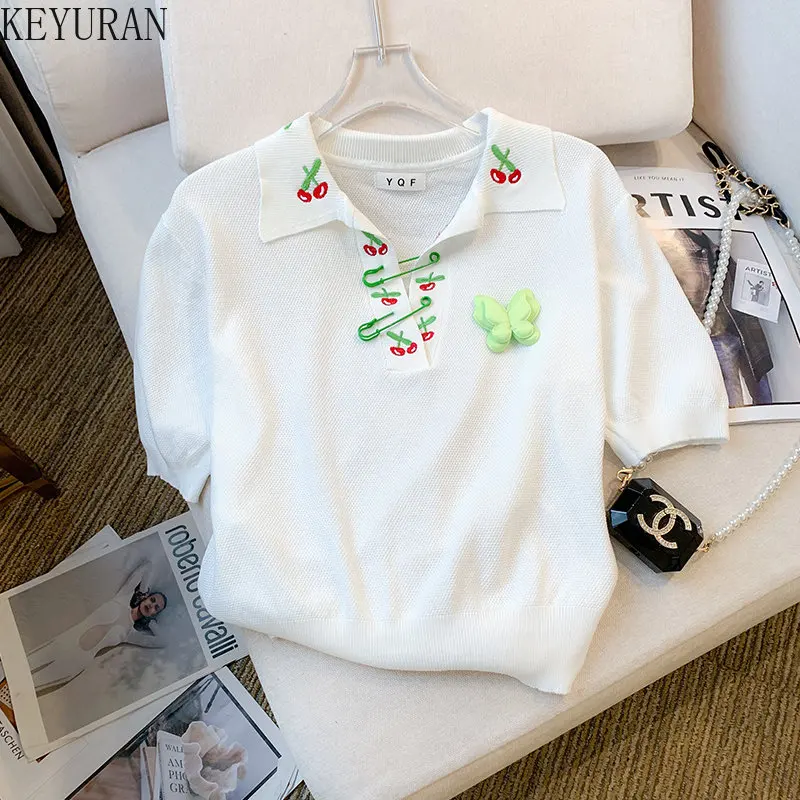 

2023 Summer New Embroidery Short Sleeve Sweater Women White Ice Silk Knitted T-shirts Female Casual Pullover Knitwear Tops Tees