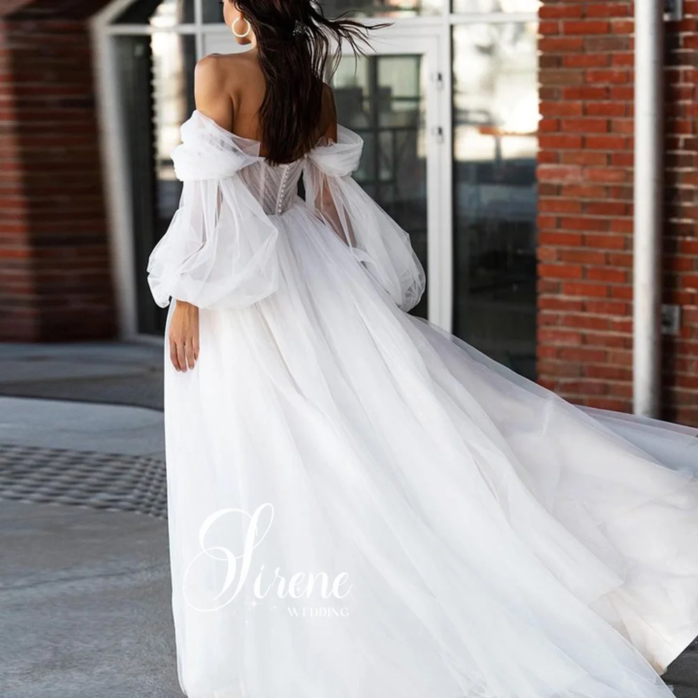 Sirene Beach Sweetheart Wedding Dress With High Side Split Detachable Sleeves Boho A-Line Bride Gown Backless Tulle Button Train