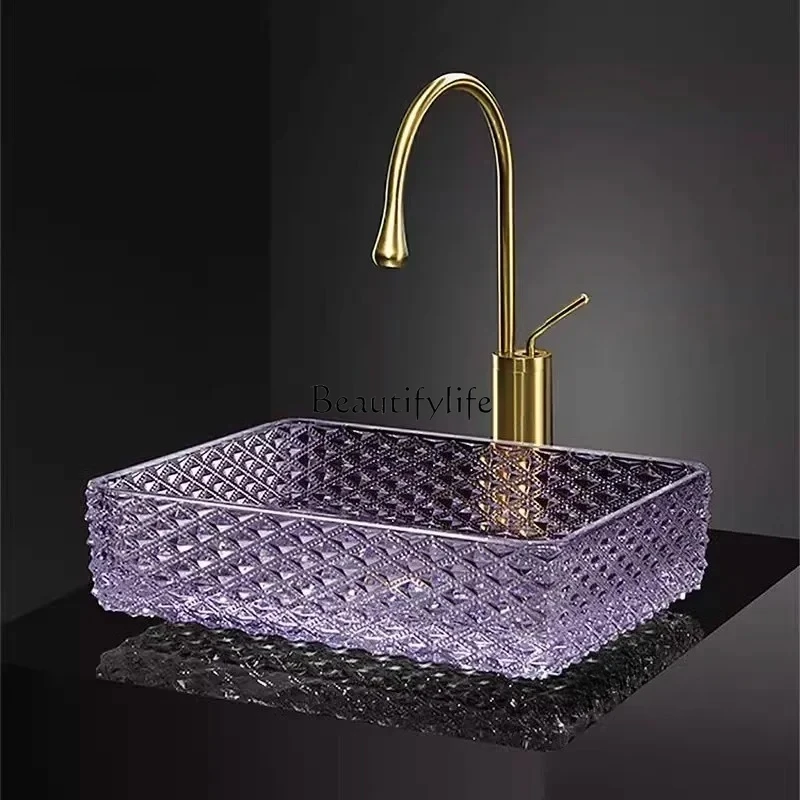 อ่างล้างหน้าแบบวางบนเคาน์เตอร์ ดีไซน์โปร่งใสลายนูน สำหรับห้องน้ำ อ่างแก้วดีไซน์สร้างสรรค์ สไตล์นอร์ดิก รูปทรงสี่เหลี่ยมผืนผ้า 1