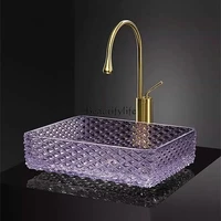 อ่างล้างหน้าแบบวางบนเคาน์เตอร์ ดีไซน์โปร่งใสลายนูน สำหรับห้องน้ำ อ่างแก้วดีไซน์สร้างสรรค์ สไตล์นอร์ดิก รูปทรงสี่เหลี่ยมผืนผ้า 1