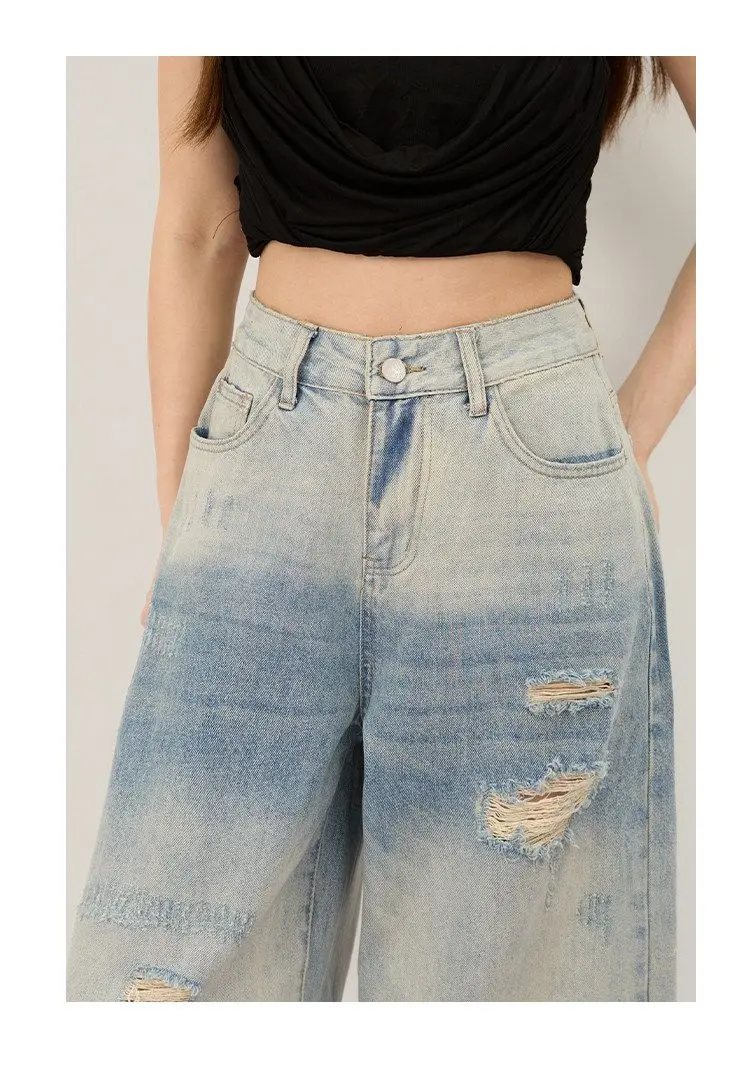 Jeans déchirés à jambes larges pour femmes, nouvelle tendance estivale, taille haute, amincissants, pantalons en denim amples et droits