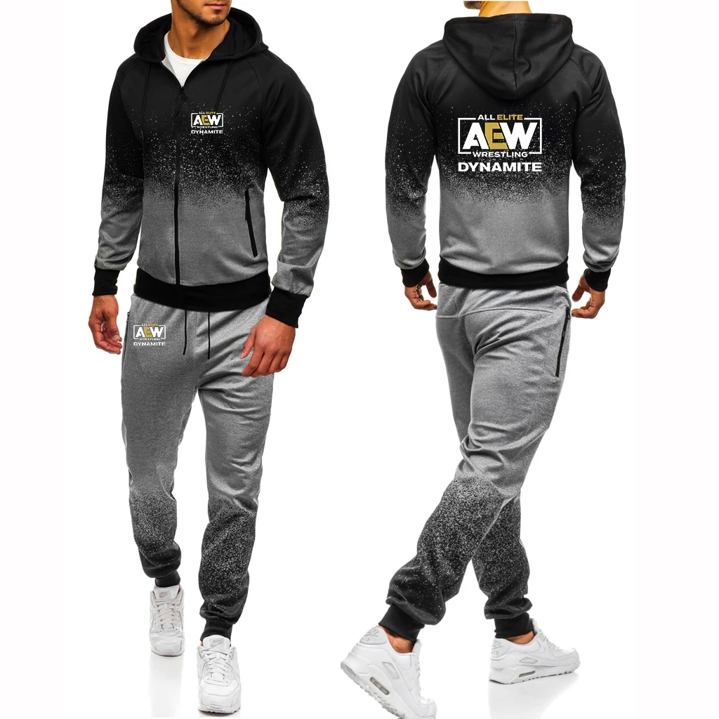 

2023 Men New All Elite AEW Wrestling Spring Autumn Harajuku Hoodies Sweatpant Gradient Color Sets Sport Comfortable Fashion Suit