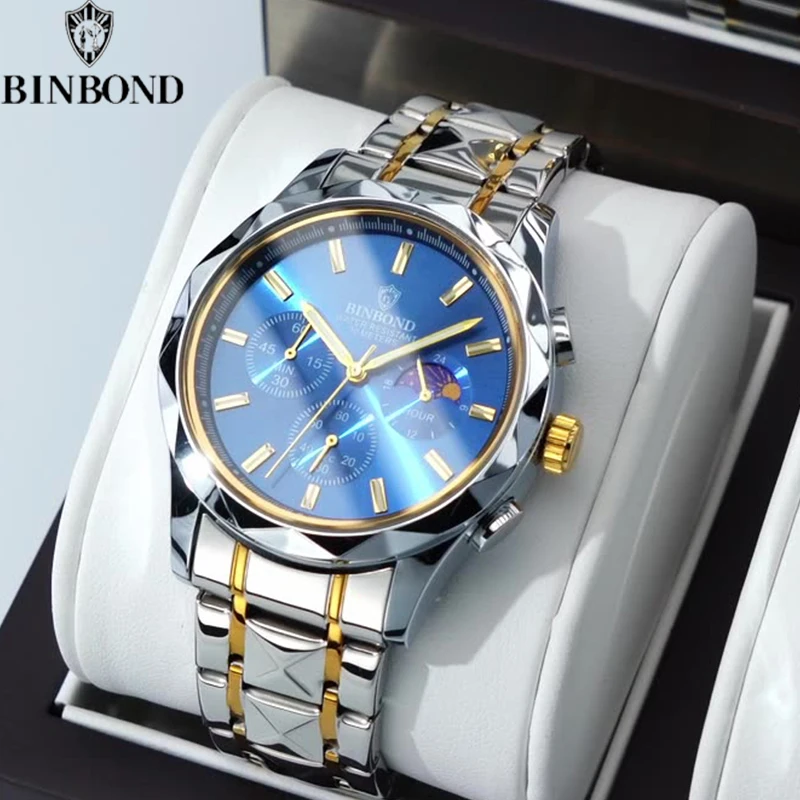 

BINBOND New Fashion Men's Six Needle Butterfly Buckle Tungsten Steel Calendar Luminous Waterproof Quartz Business Men's Watches