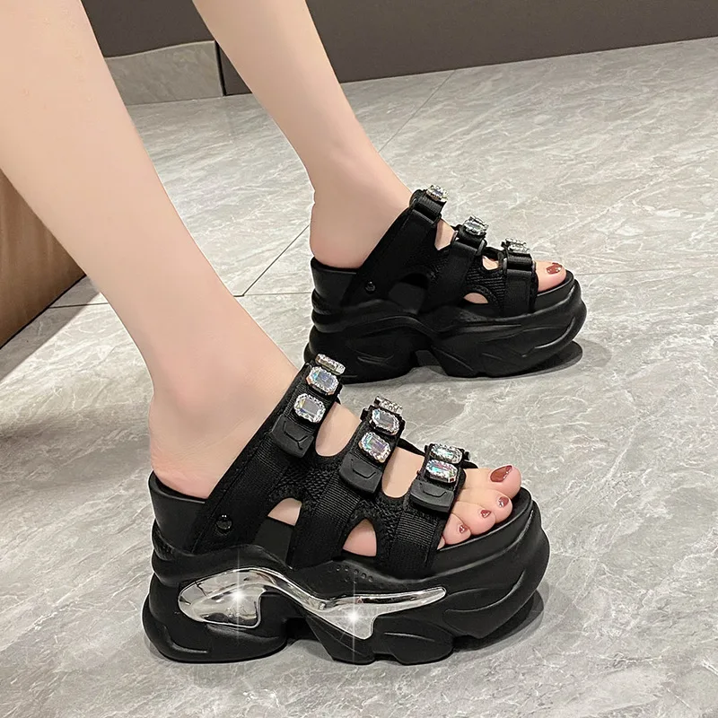 European Rhinestone Buckle Thick Bottom Higher Slope Heel Sponge Cake Casual Women's Summer New High Heel Sandals Slippers