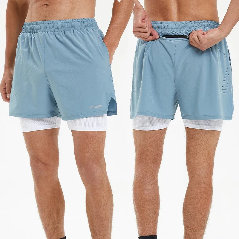 Men Summer Swim Shorts Sportswear 2 in 1 Compression Jogging Short Beach Casual Pants Double-deck Bottoms with Zipper Pockets 3