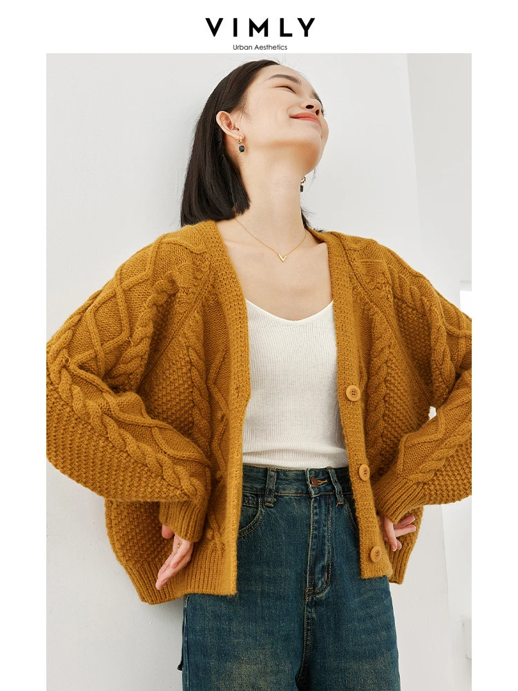 

Vimly V-neck Knitted Cardigans for Woman 2023 Autumn Winter Thick Knitwear Sweater Coat Casual Loose Long Sleeve Knit Tops 16220