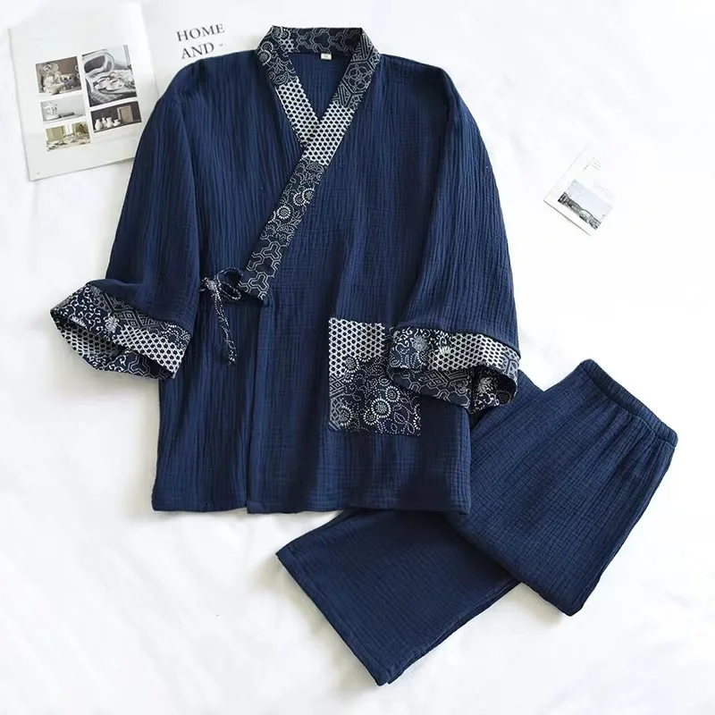Pure Cotton Mens Pajamas Set Japanese Kimono Plus Size Long Sleeve Pant Suit Casual Comfortable Home Service Two-piece Sleepwear