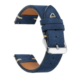 Vintage - Style Suede Leather Watch Strap with Handmade Stitching - Quick Release Design - 22mm (Blue)