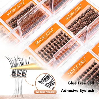 Hot Selling MASSCAKU 10-18mm D Curl Natural Self-adhesive False Eyelashes Soft Lashes No Glue Needed Segmented Lash Makeup 1