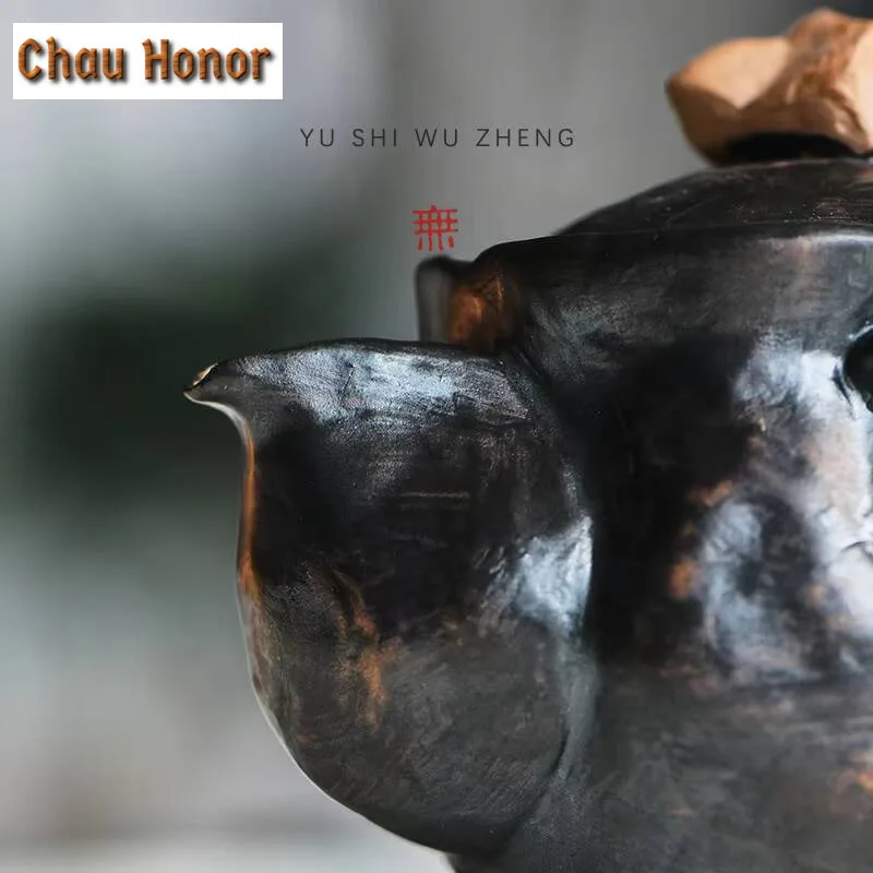 200ml Creative Coarse Pottery Teapot Handmade Pitch-black Small Pot Japanese Tea Soaking Kettle Kung Fu Tea Ceremony Ornaments