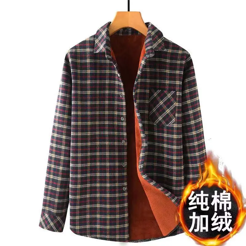 Men Autumn Winter New Square Collar Cardigan Fashion Simple Plaid Leisure Shirt Button Pockets Spliced Fleece Long-sleeved Tops