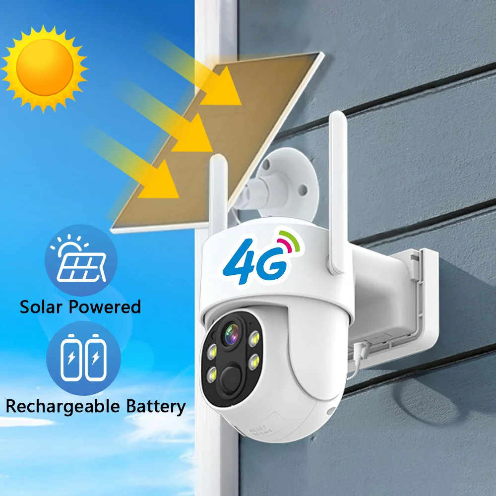 

4G SIM 4MP Outdoor Waterproof IP Camera Panel Solar 2K Camera with Rechargeable Battery PTZ Home Security Video Surveillance