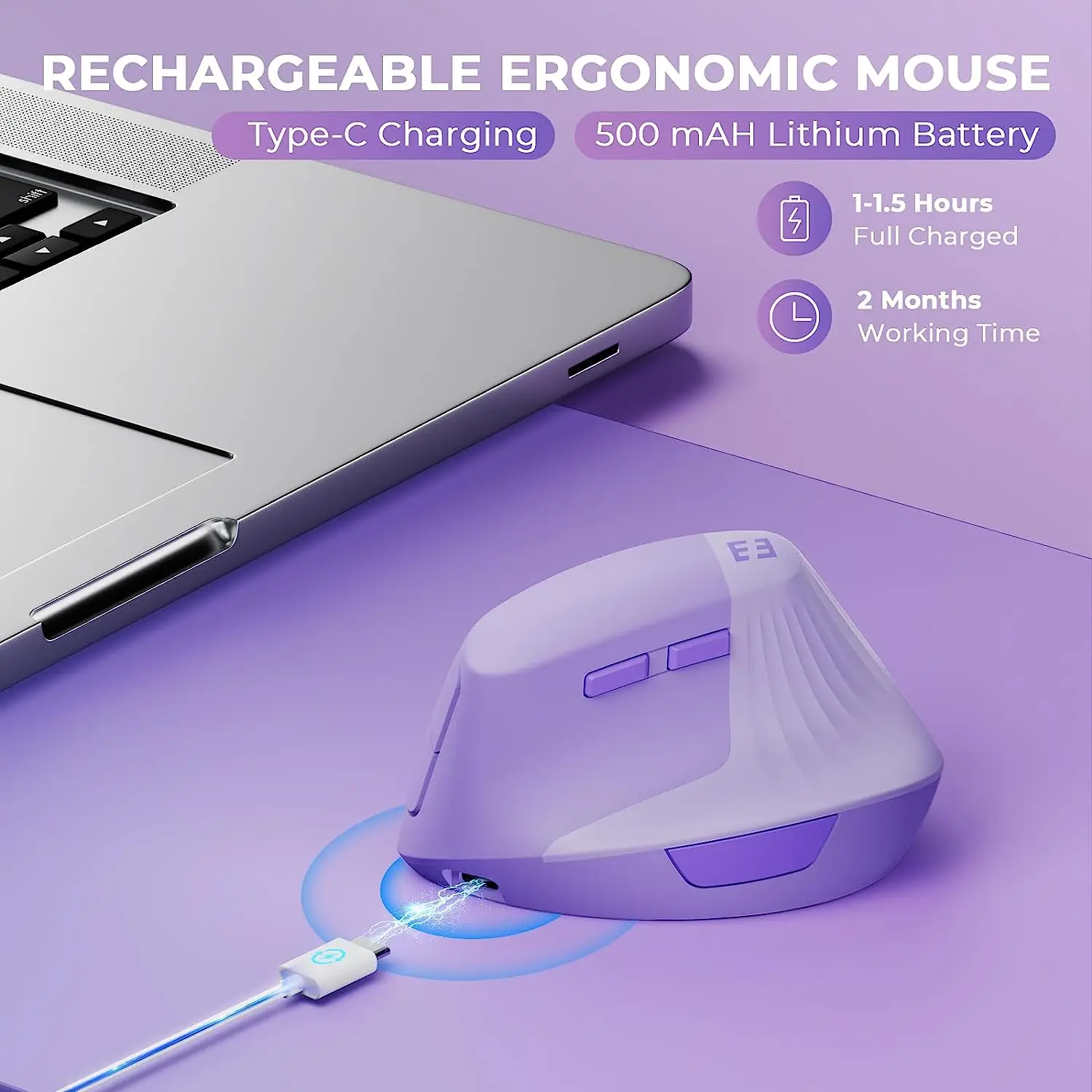 Mouse Vertical sem Fio Recarregável Silencioso Ergo 57 ° Tilt Ergonômico Computador pc Office Mac Android Windows Mãos Pequenas - Imagem 3