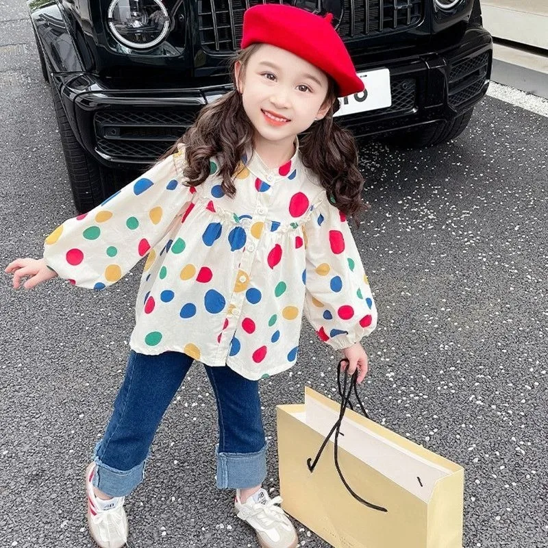 여아용 가을 겨울 2026 신상 한국 스타일 물방울 무늬 러플 칼라 긴팔 블라우스 아동 셔츠