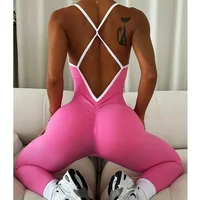 Women Seamless Sports Jumpsuit Ribbed Slim Running  Bodysuit Gym Workout Sportswear Fashion Color Block High Elastic Yoga Suit