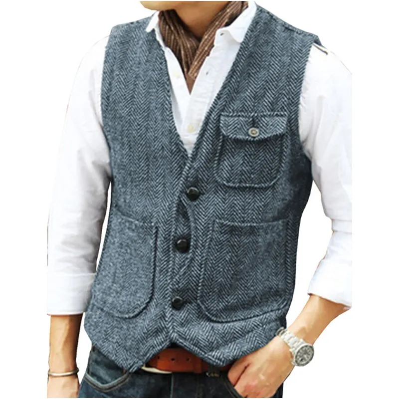 

Casual Tooling Vest Formal Herringbone Tweed Brown V Neck Wool Waistcoat Business Vest Groomman For Wedding Prom