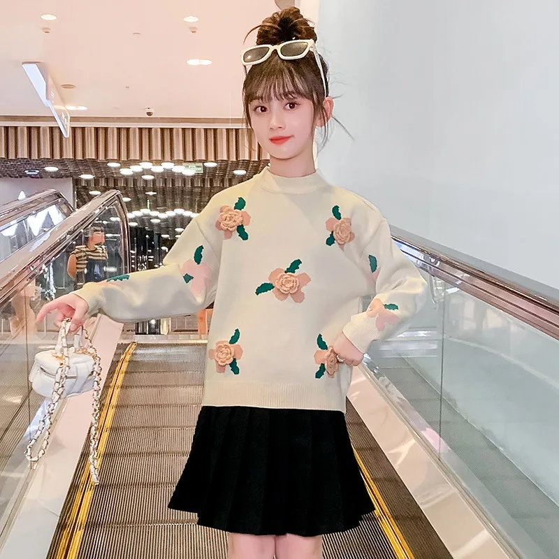 

2023 Korean Spring Autumn Children Pullovers Knitted Sweater Junior Girl Knitted Tops Teenager Girl Flower Sweater For Girls