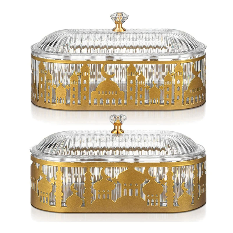 2 Pcs Ramadan Trays Withlid Eid Candy Serving Plate Tea Serving Tray Ramadan Food Storage Table Decorations Gold