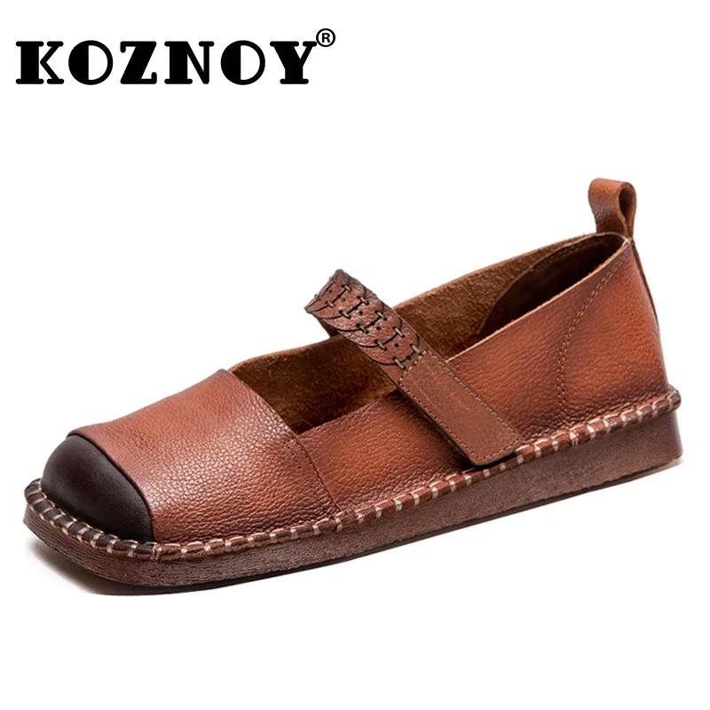 

Koznoy 2cm Ethnic Natural Genuine Leather Flats Casual Spring Autumn Sewing Loafer Summer Comfy Shallow Women Soft Hook Shoes