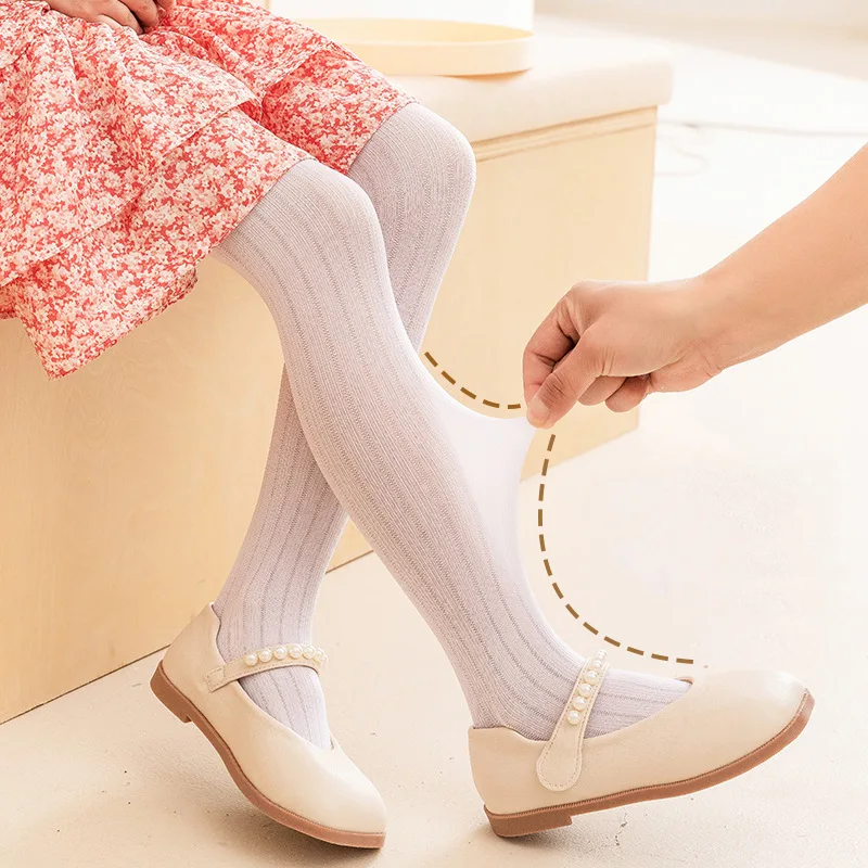 

Girls Pantyhose Thin Breathable Kids Tights Children Dress Cotton Soft Wide Stripe White Princess Hollow Mesh Fashion Stockings