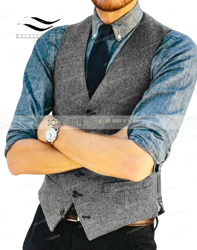 Mens Vests Tweed Herringbone Slim Fit Fashion Men's Suits Vests For Jacket Groomsmen  Waistcoat For Wedding - Image 10