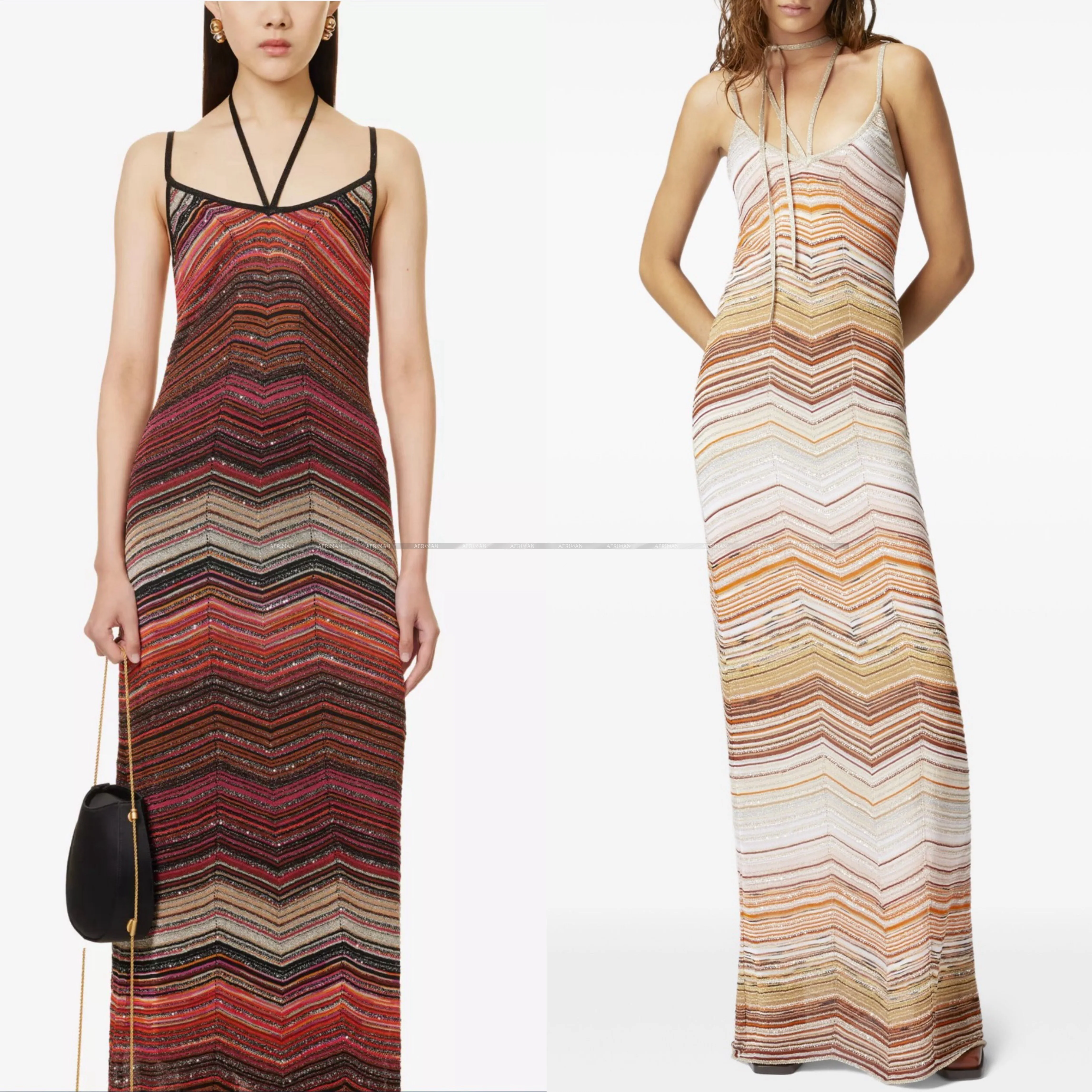 Women Stripe Sleeveless Metallic Sequined Thin Strap Hanging Neck Slim Maxi Long Knitted Dress