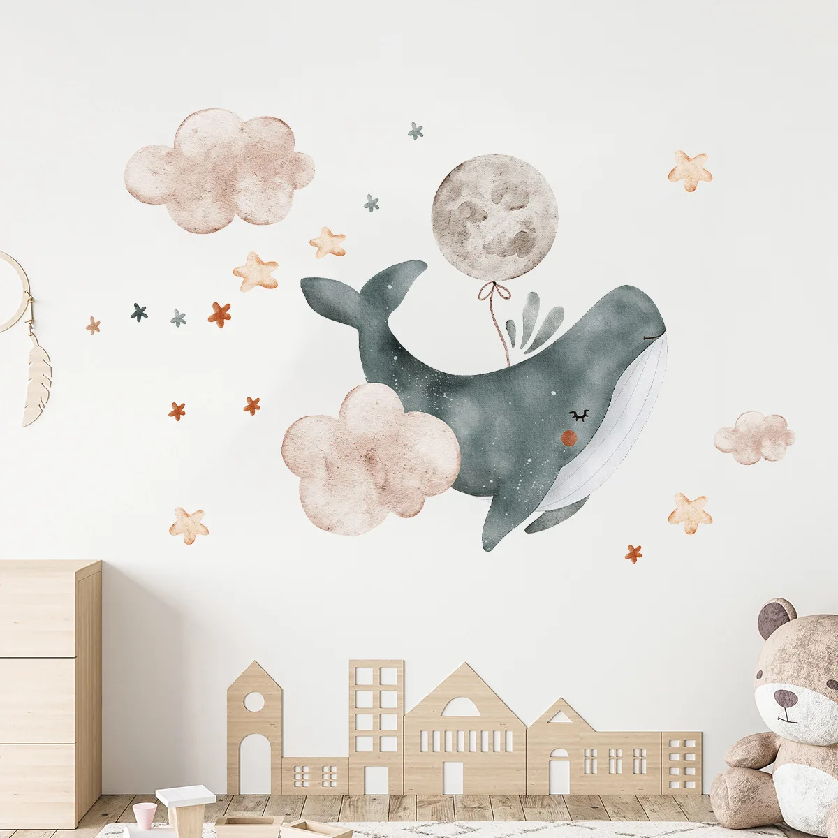 Cartoon Space Whale Ballboon Wall Stickers Moon Cloud Marine Animals Decalcomanie For Kids Room Babys Room Nursery Wall Decoration