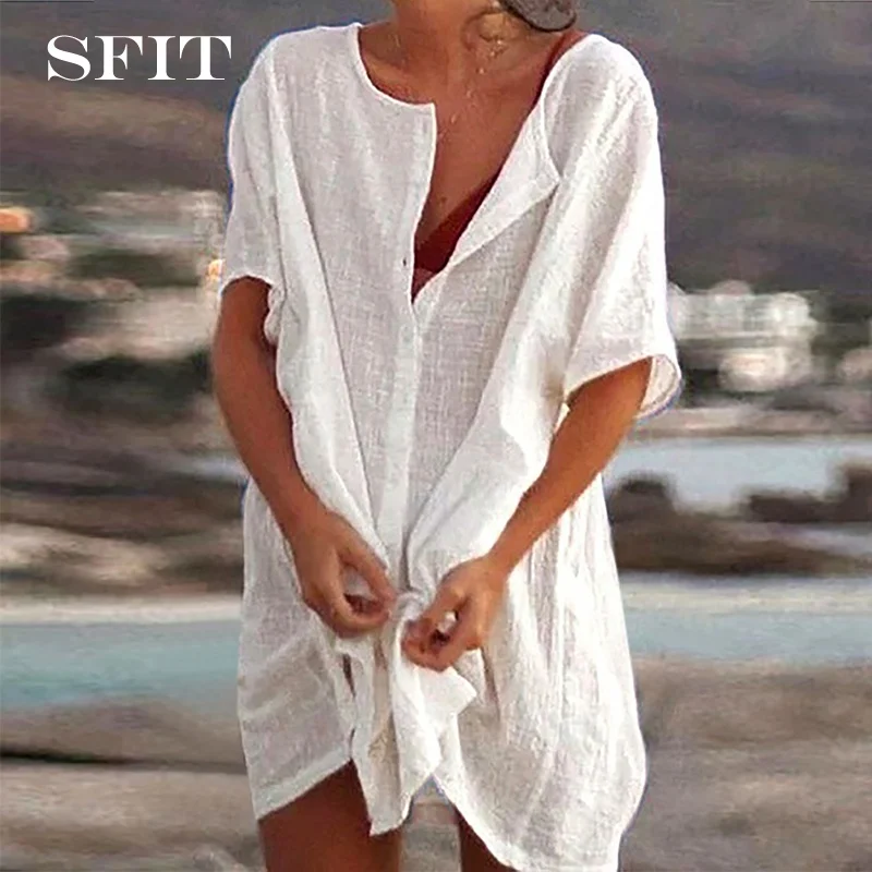 New Loose Women Cover Ups Large Size 5xl Swimwear Beach Dress Cotton