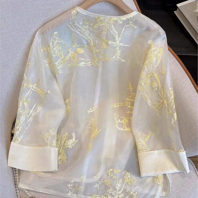 New Chinese Style Embroidery Women's Heavy Industry Cold Long Sleeve Thin Shirt