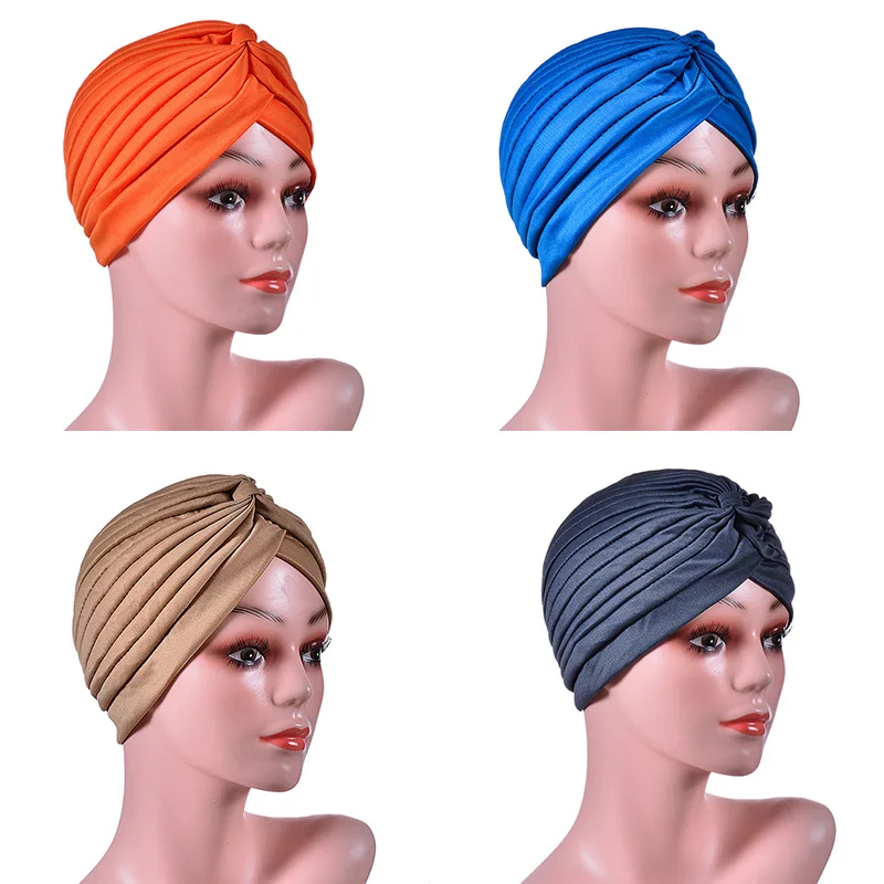 Hot Sale Stretch Turbans Head Beanie Cover Twisted Pleated Headwrap Assorted Colors Hair Cover Beanie Hats for Women Girls
