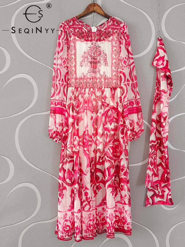 

SEQINYY Chiffon Midi Dress Summer Spring New Fashion Design Women Runway High Street Sicily Vintage Flower Print Casual Belt