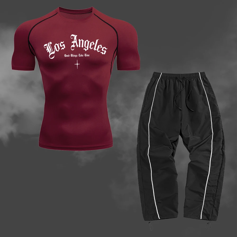 남성용 프린트 압축 티셔츠 및 바지 2피스 세트 빠른 건조 피트니스 트레이닝 러..