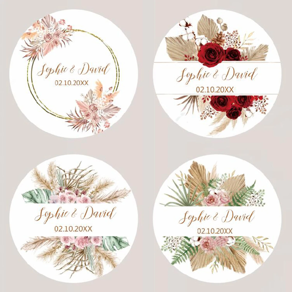 Pampas Grass Wedding Stickers 96Pcs Customize Wedding Labels Personalise Baptism Birthday Sealing Party Decor