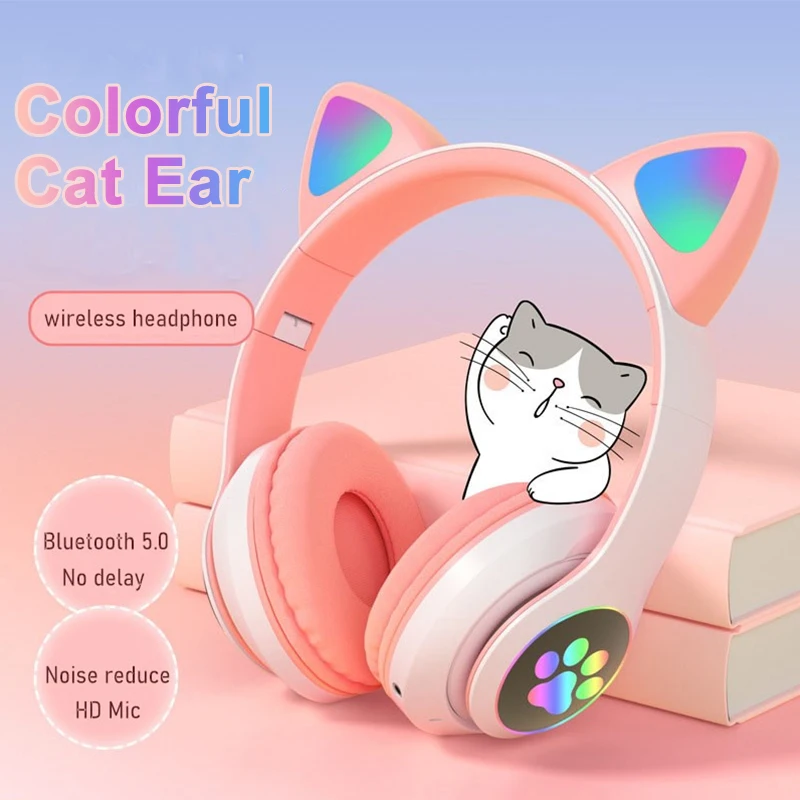 Adorable LED Light-Up Wireless Cat Ear Headphones - Pink Stereo Bluetooth Headset