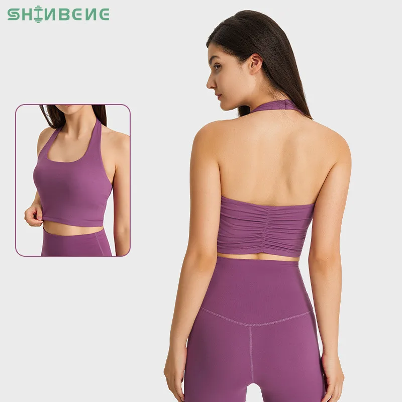 

SHINBENE SQUARE Halter Padded Athletic Sport Crop Top Bra Women Backless Plus Size Workout Gym Fitness Bra with Built In Bra