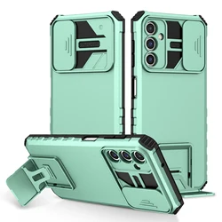 Heavy-Duty Protective Armor Case with Slide Lens Cover & Kickstand for Samsung A55 5G (Light Blue)