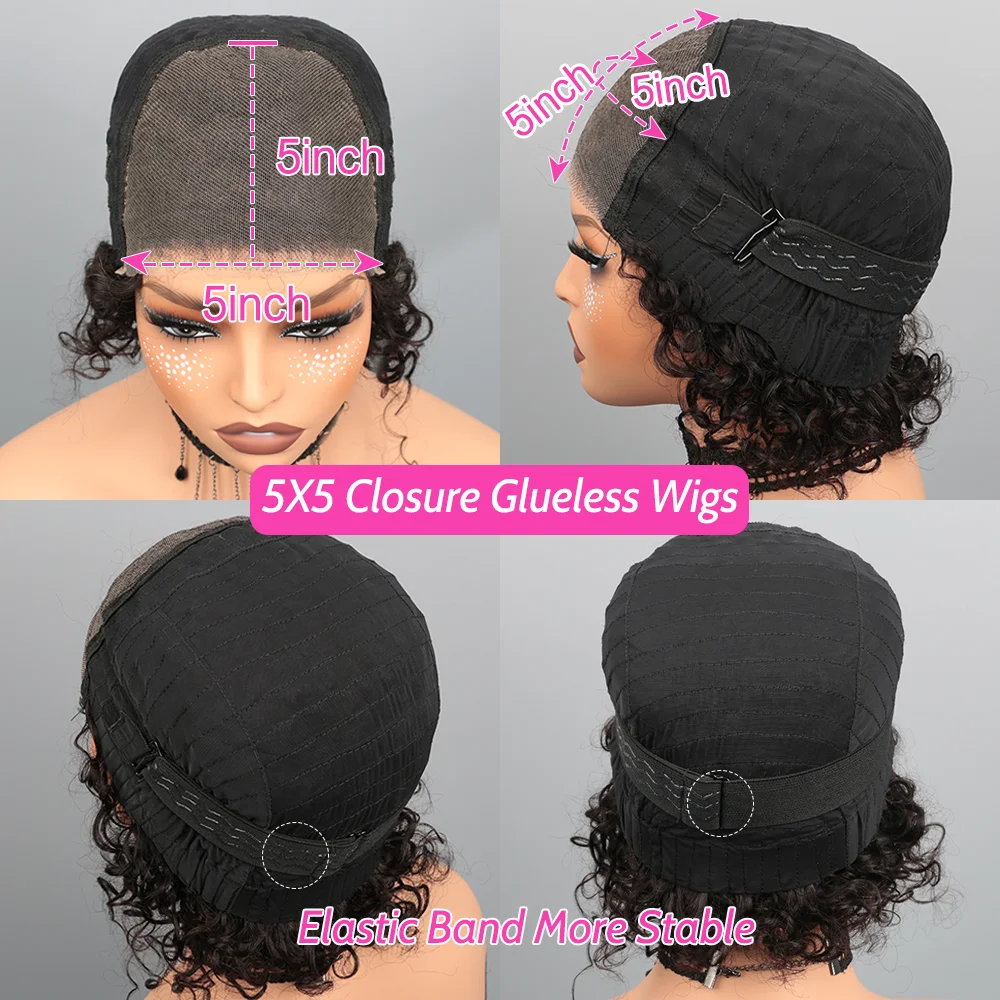 Short Glueless HD Rose Curly Pixie Cut Wig Human hair 5X5 HD Closure Wigs 8Inch Human Hair Wig for Women Pre Plucked 6