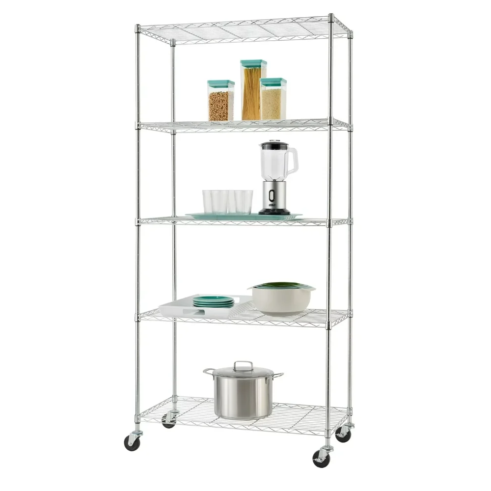 

36" W X 18" D X 76" H 5-Shelf Shelving Unit with Wheels, 1250 Lb Capacity, Chrome Color Storage Rack Shelves