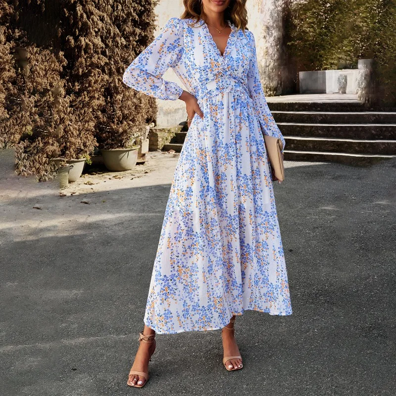 

Шифоновое платье-трапеция для отдыха с принтом, V-образным вырезом и длинными рукавами