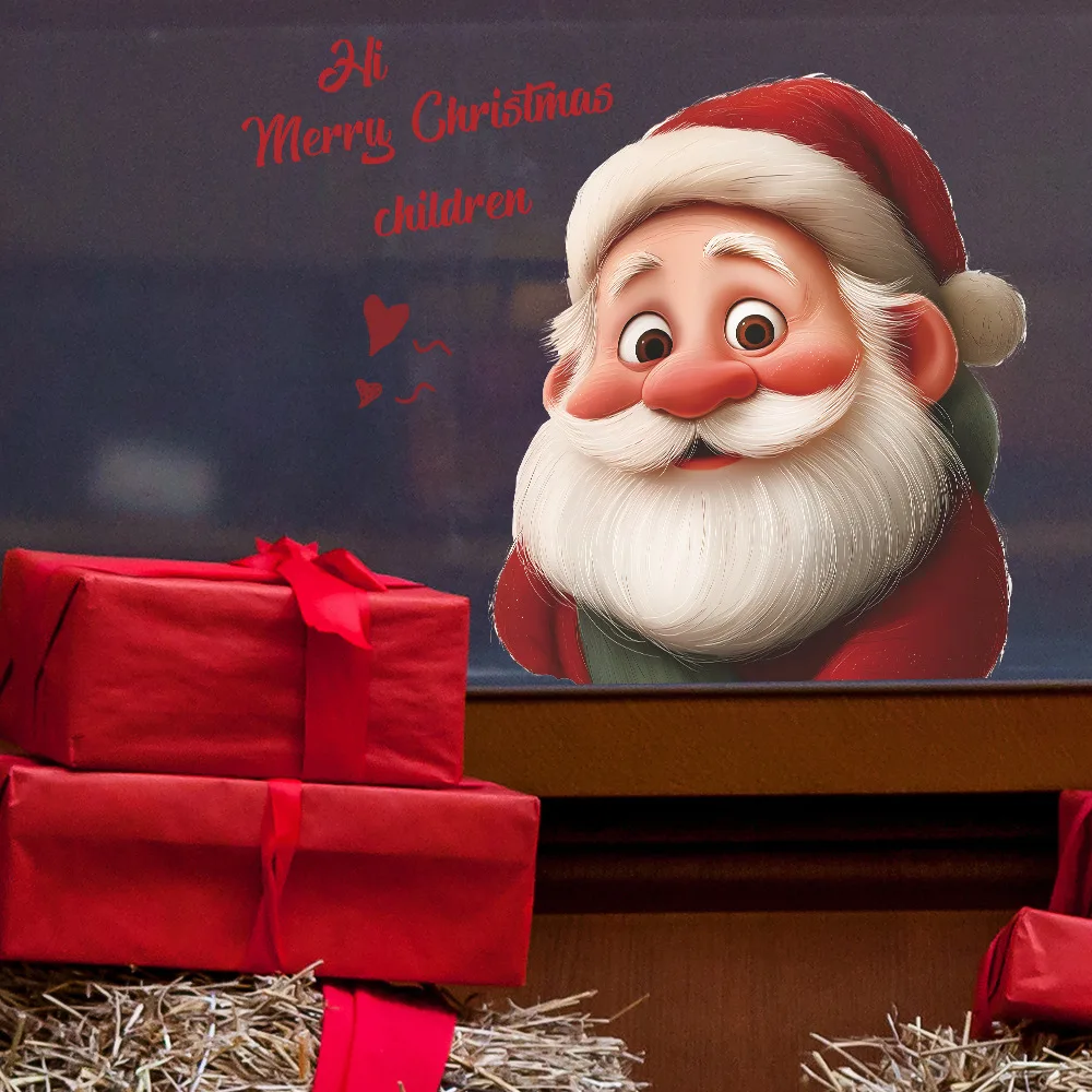 Christmas Santa & English Slogan Static Cling Window Decals - 28x28cm Festive Home Decor Stickers