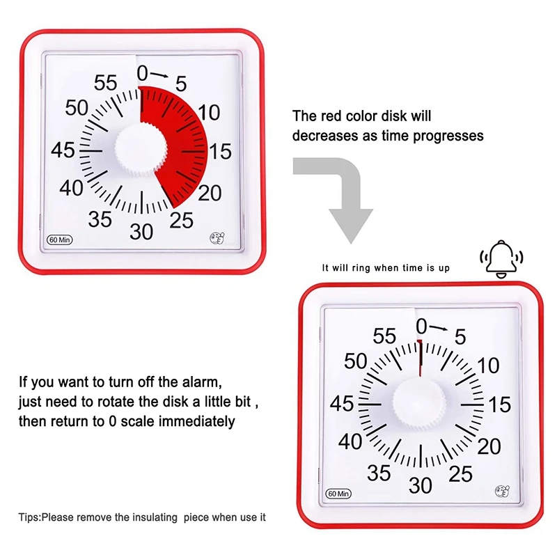 2X 60-Minute Silent Visual Timer for Kids and Adults, Red