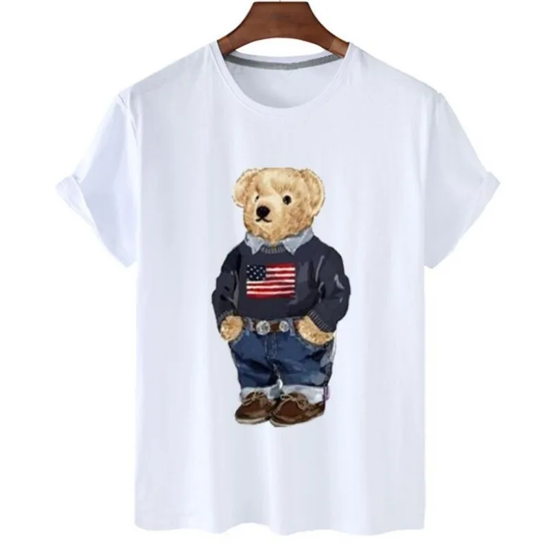 T-shirt Unisex Con Stampa Orso, Maniche Corte, Girocollo, 9 Colori, Grigio, Taglia 16 Anni