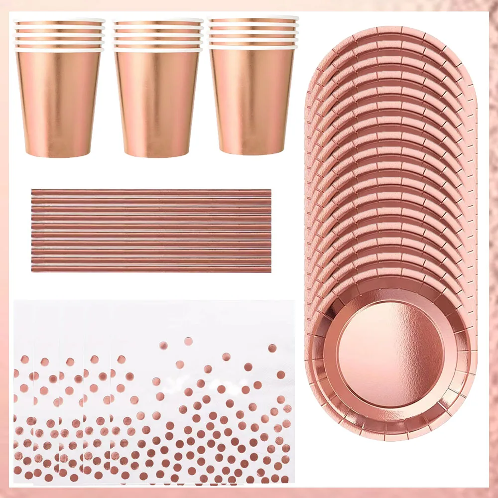 Pink birthday party Paper Tableware Disposable set Rose gold dinner plate Napkins plates Straws party supplies Dinnerware